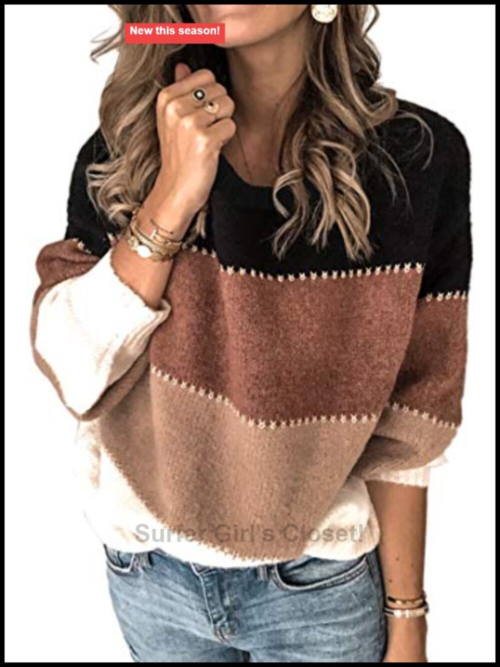Women's Crewneck Color Block Knit Pullover Sweater